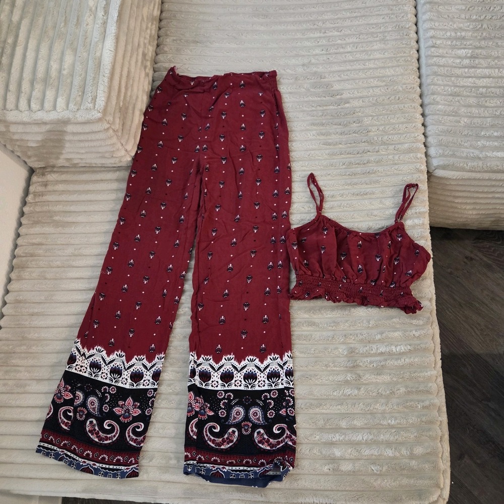 Shosho 2 Piece Set Crop Cami Wide Leg Pants Red Paisley Border Boho Size S
